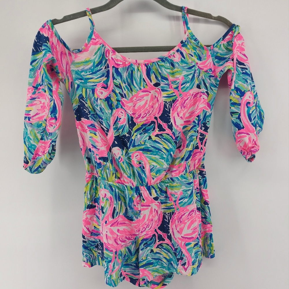 Lilly Pulitzer Flamingo cold shoulder romper girls size large Pink